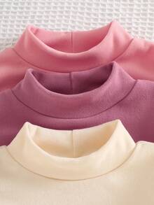 3pcs Girls Casual English Letter Patch & Solid Color Soft Comfortable Long Sleeve Mock Neck T-Shirts, Outdoor Autumn/Winter - Multicolor - View 5