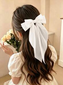 4Pcs Kids Girls Satin Large Bow Hair Clips Solid Color Long Ribbon Design Hair Barrettes Sweet Style Hair Accessories For Daily Party Holiday - White - View 1