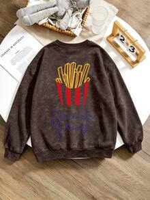 1pc Boys Round Neck Sweatshirt, Printed With Fries And English Pattern, Cute And Playful Style, Warm Autumn/Winter Top, Fashionable Outfit For Boys - Brown - View 2
