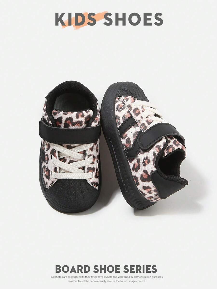 1 Pair Toddler Leopard Print Hook & Loop Shell Toe Flat Casual Sneakers For Daily Wear And Kindergarten Outfits [Select By Actual Cm Inner Length] - Black - View 1