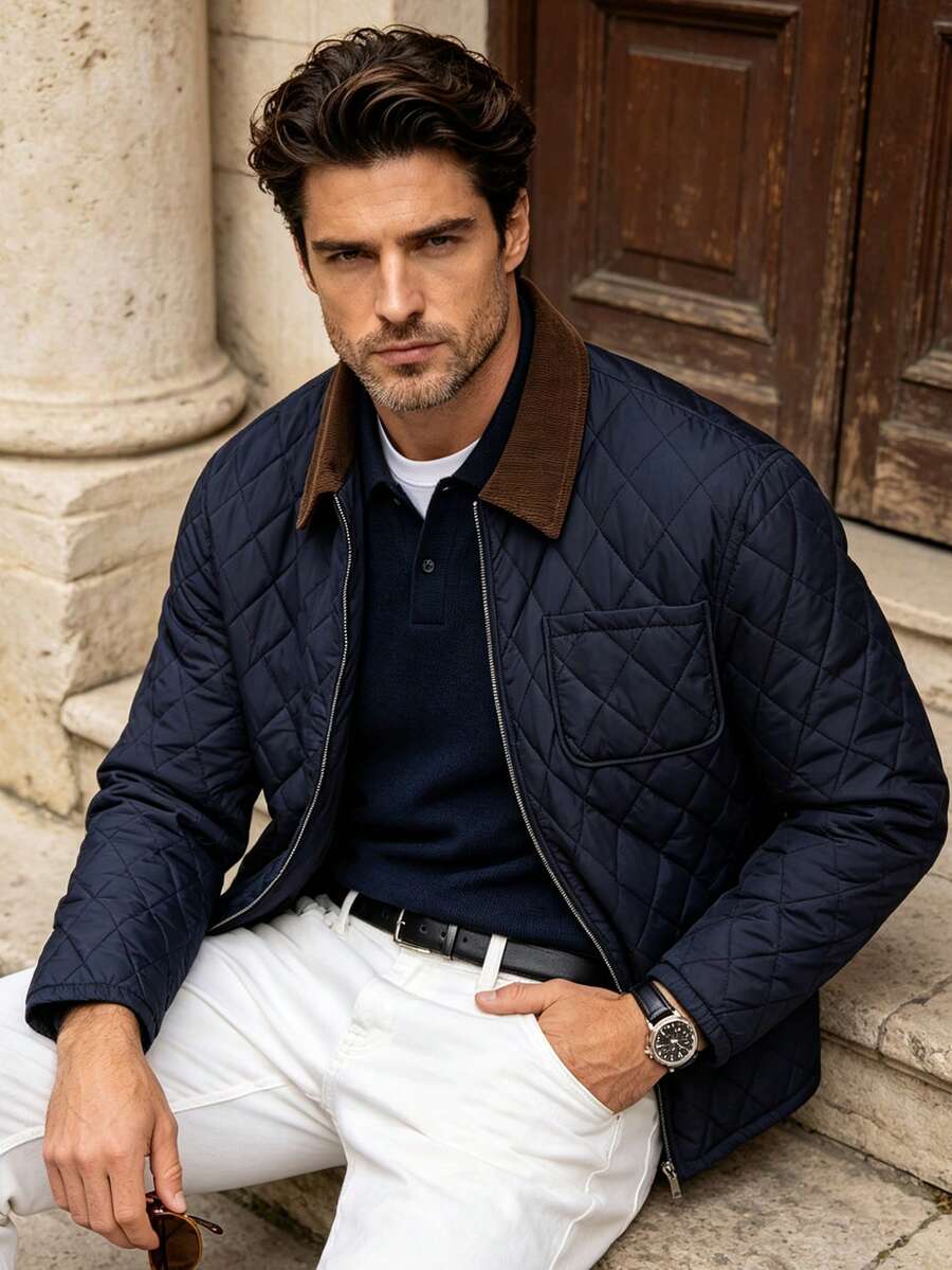 Men's Autumn/Winter Fashion Long Sleeve Colorblock Turn-Down Collar Padded Coat, Suitable For Daily Commute, Vacation - Blue - View 1
