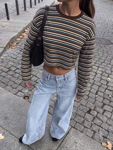 Women's Basic Knit Striped Long Sleeve Cropped T-Shirt, Autumn Outfit, Autumn Top, Commute Fashion Styling. - Coffee Brown - View 9