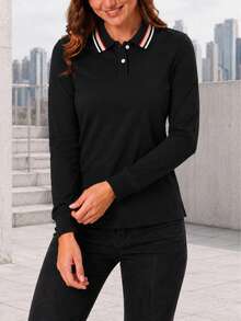 Women's Classic Black Polo Shirt With Long Sleeves, Contrast Striped Collar And Button Front, Casual Versatile Top - Black - View 3