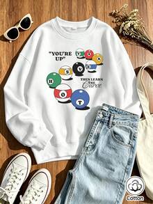 Women's Casual Loose Fit Cotton Crew Neck Sweatshirt With Colorful Billiard Graphic And Slogan Print, Long Sleeve Pullover For Spring - White - View 1