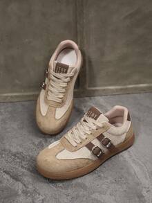 NOBLEARL Fashion Low‑Top Retro Sneakers For Women, Brown Strap With Metal Buckle Decoration, Light‑Weight Flat Walking Shoes - Khaki - View 6
