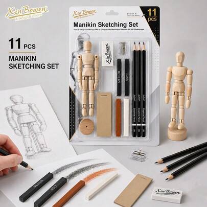 Juego de 11 piezas de maniquí para bocetos, figura de madera ajustable con lápices de grafito, barras de carbón & herramientas de difuminado, ideal para práctica de anatomía, gestos & proporciones, perfecto para artistas, estudiantes & aficionados