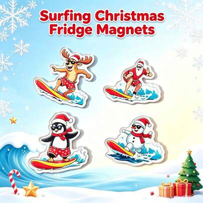 Whimsical Surfing Christmas Fridge Magnets Set,Acrylic Funny Holiday Magnets, Xmas Surfing Santa, Reindeer, Penguin, Snowman Design, Decorative Magnets For Metal Surfaces, Home Party Favor Christmas Gift