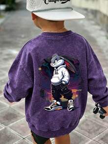 1pc Boys' Round Neck Long Sleeve Sweatshirt, Cartoon Rabbit Print, Playful Design, Comfortable Autumn/Winter New Style Boys' Top - Purple - View 1
