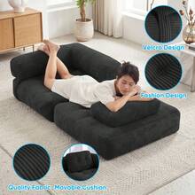 L-Shaped Corduroy Folding Sofa Bed, Multi-Functional Convertible Lazy Sofa For Small Spaces - Black - View 3