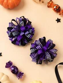 2pcs Girls Halloween Hair Clips, Purple & Black Plaid Hydrangea Hair Clips, Party & Daily Hair Accessories - Multicolor - View 7