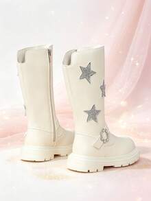 1 Pair Girls' Tall Riding Boots, Silver Star + Flower Rhinestone Decor, Elastic Soft Sole With Inner Zipper Design, Cute Princess Style Long Boots, Suitable For Daily Wear, School, Holidays, Parties, Autumn/Winter New - Apricot - View 6