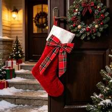 Red Christmas Stockings Retro Plaid Bow Hanging Decorative Socks For Mantel - Red - View 2