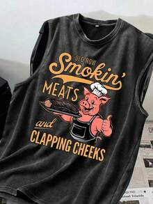 Plus Size Men's Casual Tank Top, Creative "Pigsy" English Graphic Print, Urban Street Style Casual Sports Weekend Wear, Spring/Summer/Autumn - Black - View 1