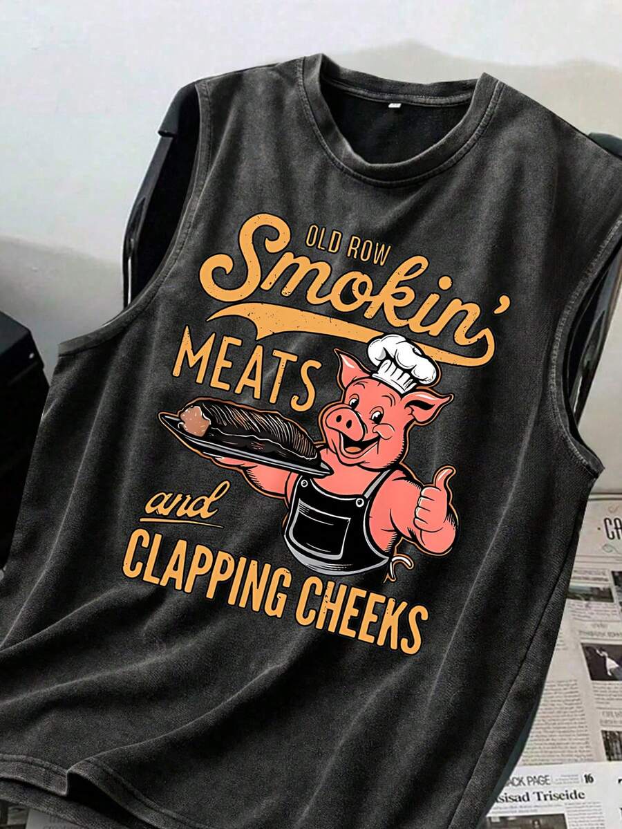 Plus Size Men's Casual Tank Top, Creative "Pigsy" English Graphic Print, Urban Street Style Casual Sports Weekend Wear, Spring/Summer/Autumn - Black - View 1
