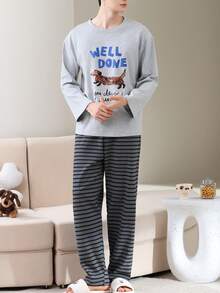 2pcs/Set Men's Pajamas Loungewear Set, Pullover Round Neck Couple Style Cute Animal Print Long Sleeve Long Pants Comfortable Home Wear - Grey - View 3