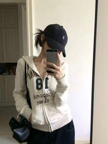 Women's American Vintage Letter Embroidered Zip-Up Sweatshirt, Loose Fit Sporty Slim Jacket, Autumn New Style - Light Grey - View 9