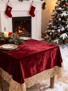 1pc Vintage Christmas Theme Tablecloth, Holiday Family Gathering Banquet Tabletop Atmosphere Decorative Tablecloth - Red - View 10