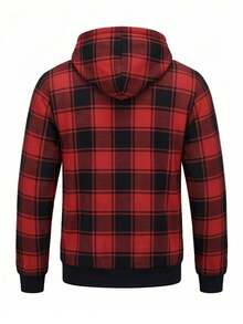 Men's Autumn/Winter Casual Minimalist Loose Fit Daily Commute Plaid Hooded Thermal Lined Jacket - Red - View 4