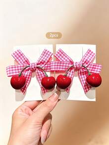 2pcs Sweet Style Cherry Bow Hair Clips Korean Fashion Hair Accessories Suitable For Daily Wear Affordable - Multicolor - View 5