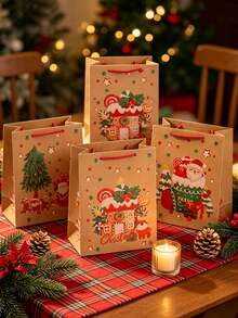 24pcs Set Of Christmas-Themed Printed Kraft Paper Gift Bags-Perfect For Party Favors, Table Decorations, Guest Gifts, And General Gift-Giving; An Ideal Choice For Holiday Gift Packaging. - Multicolor - View 5