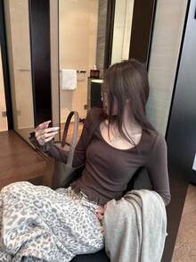 灰色彈性羅紋竹纖維圓領層次荷葉邊針織毛衣 - 咖啡棕 - 查看 1