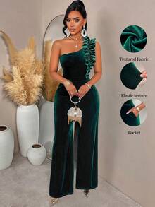 AIJ Amarilo Women's Party Outfit: One-Shoulder Ruffle Waist Wide-Leg Pants Suitable For Going Out, Dating, Gathering And Party, Solid Color Long Jumpsuit, Autumn, Suitable For Back To School, Daily, Commuting, Holiday, Banquet, Party Wear - Dark Green - View 1