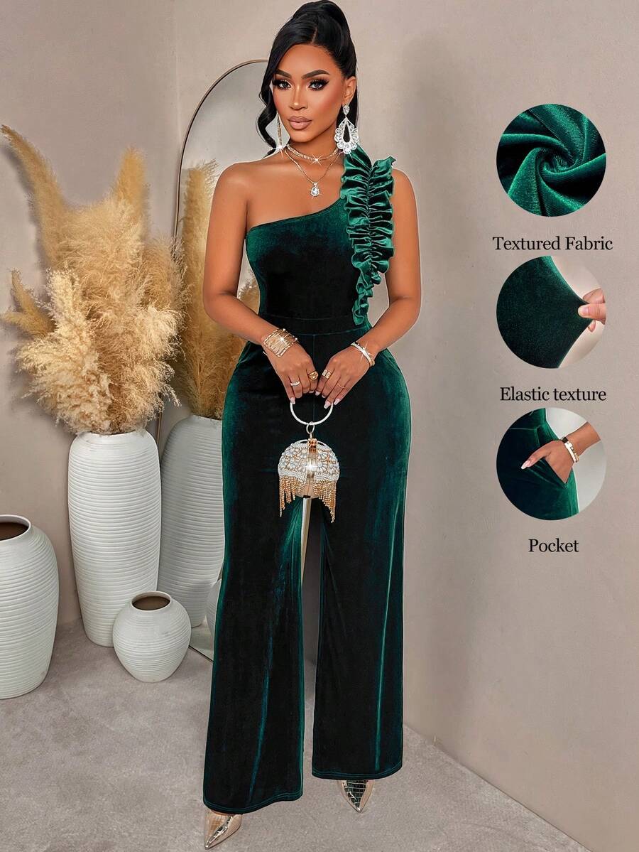 AIJ Amarilo Women's Party Outfit: One-Shoulder Ruffle Waist Wide-Leg Pants Suitable For Going Out, Dating, Gathering And Party, Solid Color Long Jumpsuit, Autumn, Suitable For Back To School, Daily, Commuting, Holiday, Banquet, Party Wear - Dark Green - View 1