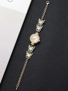 Girl Style Butterfly Decor Bracelet Watch, Full Rhinestone Bezel Gold Thin Chain Quartz Wristwatch, Party Accessory, Gift For Girlfriend (1pc/Set) Watch Box Not Included - Green - View 4