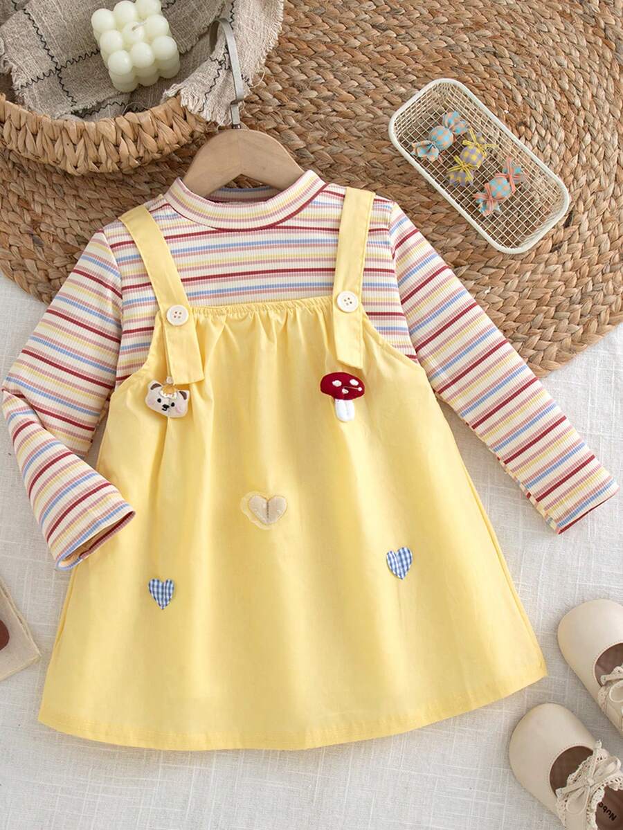 Autumn/Winter Toddler Girls Casual Daily Wear Cute Patchwork Striped Long Sleeve Dress - Yellow - View 1