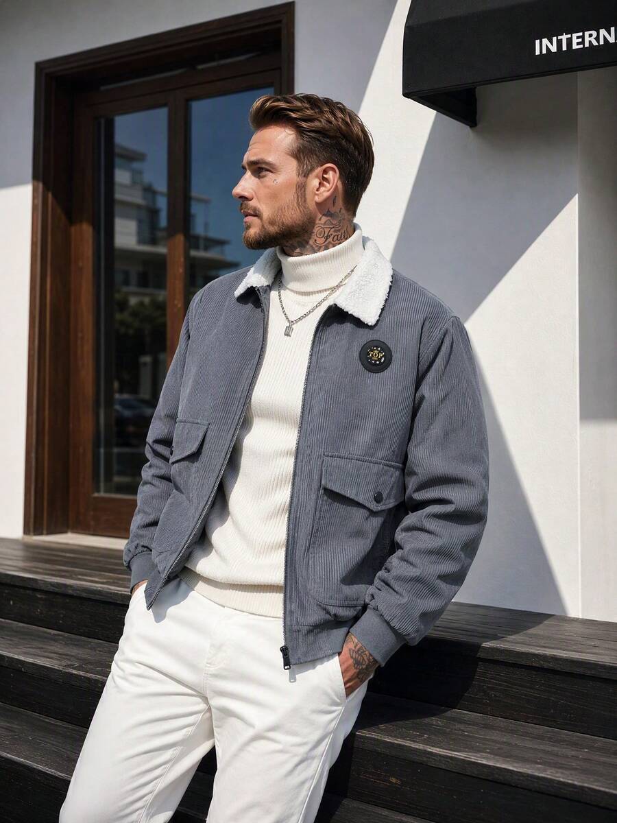 Men's Autumn/Winter Fashion Casual Corduroy Jacket, Simple Versatile Stylish Men's Jacket Coat, Suitable For Daily Commute, Vacation - Grey - View 1