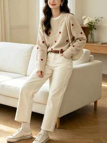 Vintage Red Dot Soft Knit Sweater, Autumn/Winter Gentle Style Versatile Crew Neck Pullover - Apricot - View 1