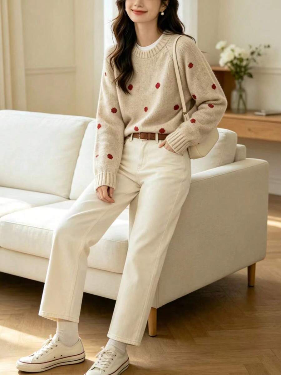 Vintage Red Dot Soft Knit Sweater, Autumn/Winter Gentle Style Versatile Crew Neck Pullover - Apricot - View 1