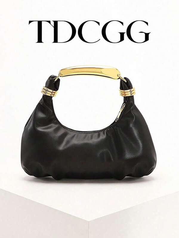 1pc Black PU Leather Ruched Cloud Evening Bag, Women's Metal Handle Handbag, Elegant Party Wedding Dinner Clutch