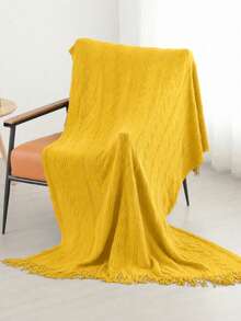 1pc Wavy Pattern Acrylic Knit Throw Blanket, Nordic Style Rectangular Solid Color Sofa Cover Bed Decorative Blanket Nap Blanket With Tassels - Yellow Vertical Three-curve Stripes - View 6