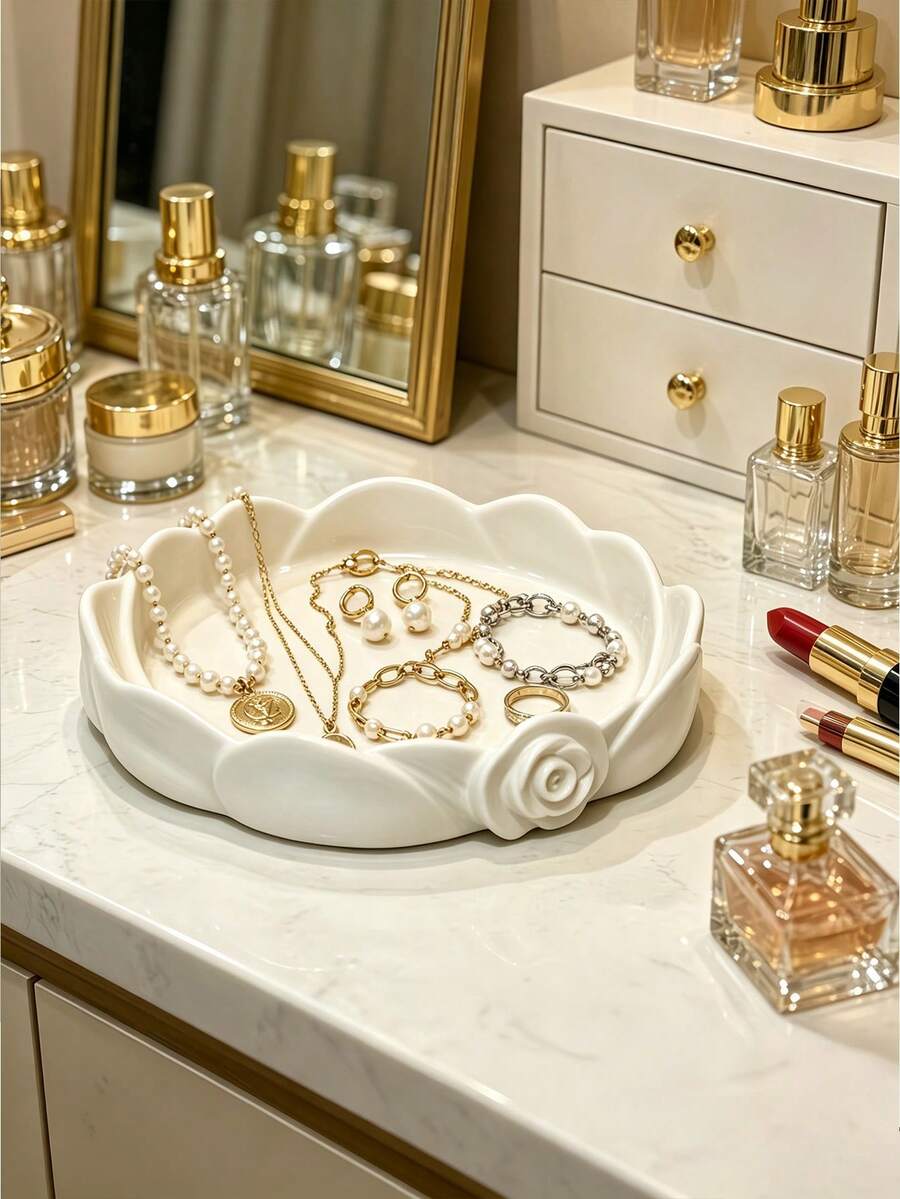 Rose-Shaped Storage Tray Mini Key Holder Plate Entryway Desk Jewelry Organizer Earring And Ring Small Accessory Desktop Box Portable Mini Miscellaneous Storage Tray Home Decor Accent Housewarming Gift Desktop Display Decoration (Non-Food Contact) - Multicolor - View 1