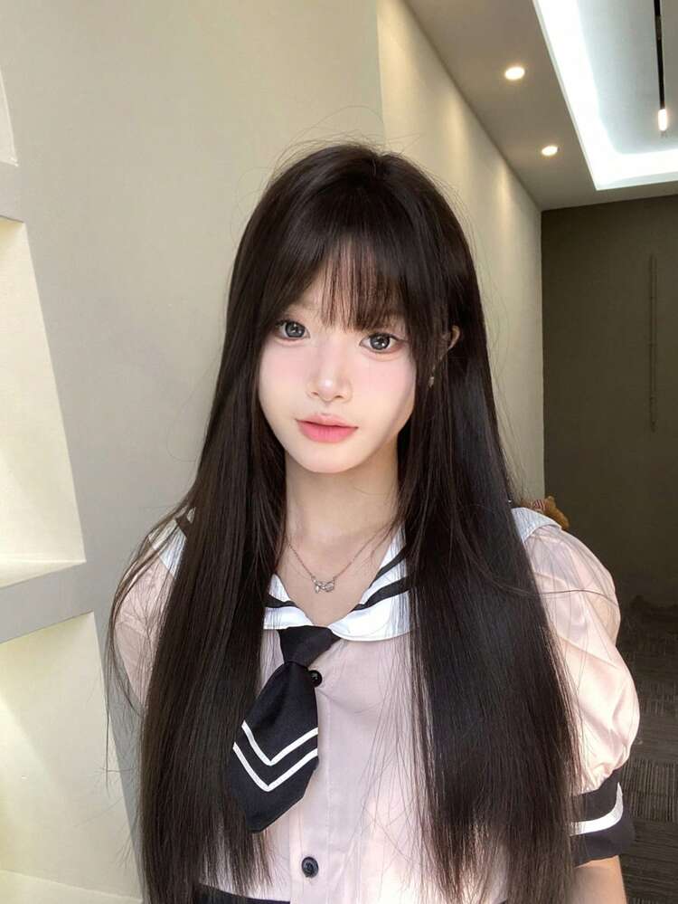 alicegarden 26-Inch Long Synthetic Wig Featuring A Natural Straight Style A Stunning Black. Designed With Bangs , This False Hairpiece Is Perfect For Ms Daily Use, Offering A Natural And Realistic Appearance That Mimics Gift For Ladies. (No Accessories) - Black - View 1