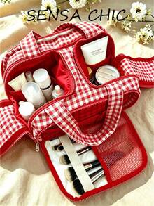 Fashionable Red Plaid Makeup Bag With Dual Handles, Multi-Compartment Interior Design Including Elastic Makeup Brush Slots And Mesh Pockets. Full Zipper Closure And Foldable Design For Convenient Organization Of Skincare, Makeup Brushes And Cosmetics. Soft And Lightweight Fabric Material, Ideal For Short Trips And Daily Makeup Storage. (Lining Fabric Random) - Red - View 2
