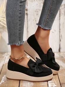 Women's New Bow Suede Thick Sole Comfortable Height-Increasing Wedge Shoes Beach Bow Home - Black - View 4