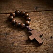 1/2/5pcs Natural Wooden Cross Pocket Rosary Jewelry Set, Prayer Bead Ring, Portable Religious Faith Accessory, Suitable For Daily Prayer And Church, Unisex, Wooden Bead Cross Pendant - Multicolor - View 8