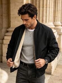 Men's Winter Minimalist Solid Color Thermal Lined Baseball Collar Jacket - Black - View 1
