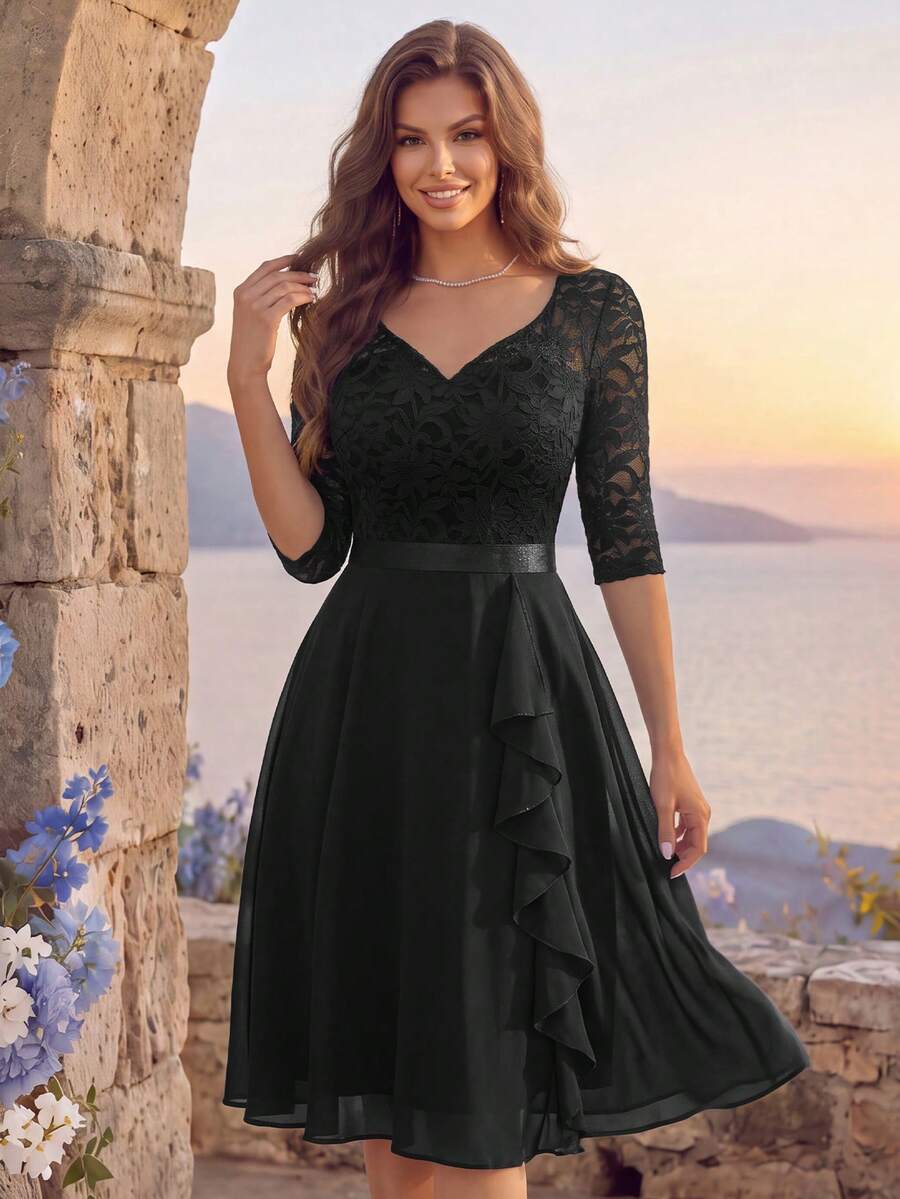 MIUSOL Sweetheart Neckline Floral Lace Ruffle Semi-Formal Party Dress, Homecoming Dance Dress, Suitable For Birthday, Wedding Guest, Dinner - Black - View 1