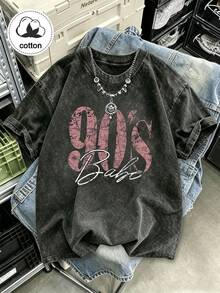 Plus Size Women's 90s Vintage Print T-Shirt, Retro Large Letter Pattern Casual Short Sleeve Washed Top Black Summer - Black - View 8
