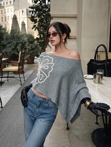 Women's Autumn Casual Cold Shoulder Knit Cape Top, Grey Tone Cream Floral Embroidered Batwing Sleeve Outwear - Grey - View 7