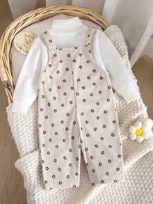 1pc Baby Girl Apricot Corduroy Ditsy Floral Overalls, Adjustable Straps, Pockets, Vintage Style Romper - Beige - View 3