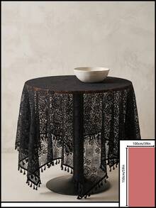 1pc Black Geometric Hollow Lace Tablecloth, French Vintage Style Lace Fabric Material, Round Tassel Edge And Exquisite Hollow Floral Pattern Detail Decoration, Beautification And Dust-Proof Function, Suitable For Daily Home And Vintage Dining Table Arrangement - Black - View 16