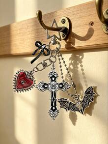 Gothic Cross Keychain, Dark Bow Bat Heart Pendant, Personalized Car Keychain, Bag Charm, Unique Birthday And Halloween Gift. - Multicolor - View 4