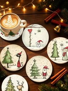 6/1pc Christmas Coaster Set, Round Ceramic Coffee Drink Coasters, Snowman, Santa Claus, Christmas Tree Patterns, Winter Holiday Tabletop Decor, Suitable For Home Kitchen Bar Party, Christmas Decoration And Holiday Gift - Multicolor - View 7