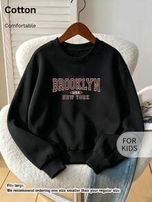 Tween Girl Crew Neck Sweatshirt, Brooklyn New York Vintage Letter Print Pure Cotton Pullover - Black - View 1