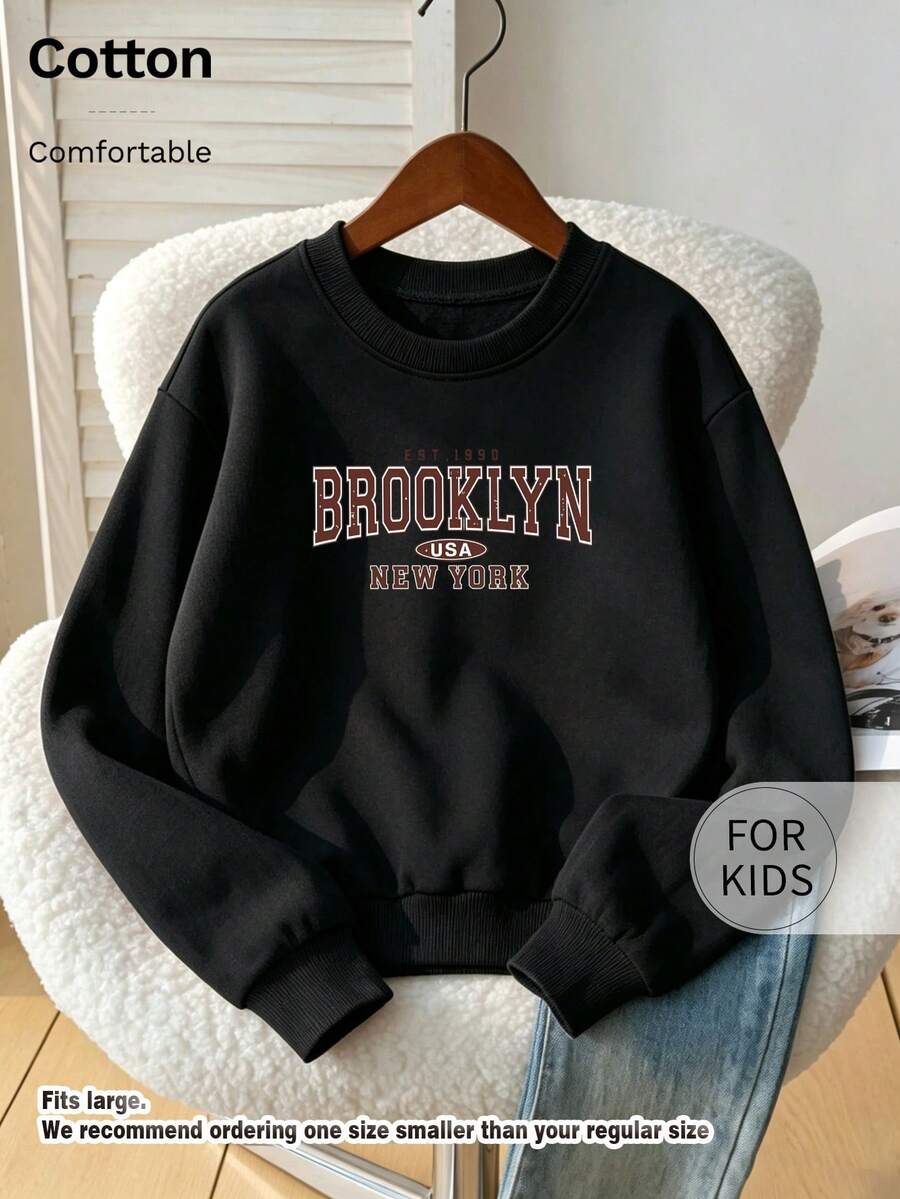 Tween Girl Crew Neck Sweatshirt, Brooklyn New York Vintage Letter Print Pure Cotton Pullover - Black - View 1