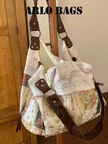 Floral Plaid Pattern Lace Patchwork Decor Soft Tote Bag, Relaxed Silhouette, Mori Style, Suitable For Campus, Outings, Shopping, Travel, Artistic Vibe, Large Capacity Shoulder Bag - Green - View 1